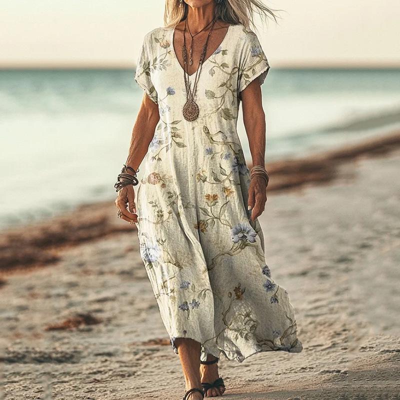 Bohemian Retro Print Raglan Sleeve Summer Maxi Dress