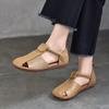 Round Toe Flat Sandals Retro Genuine Leather Comfortable Soft Sole Versatile Women's Shoes
