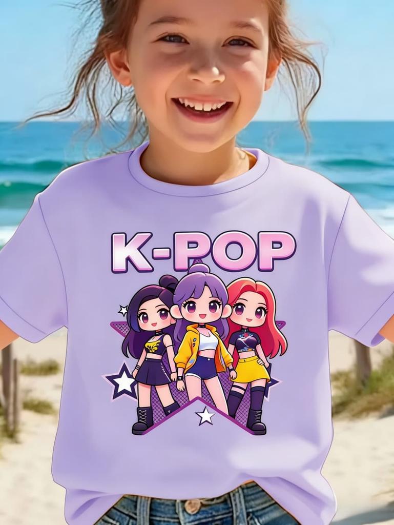 Детская футболка K-pop с мультяшным принтом, короткий рукав, летняя, удобная, забавный подарок для фанатов, футболки в стиле Харадзюку, одежда для девочек