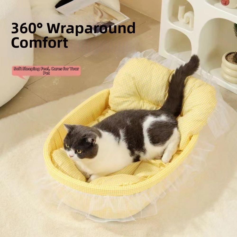 Stripe Grid Pet Princess Sofa Lace-Trimmed Pet Kennel Cute Cat Sleeping Nest Winter