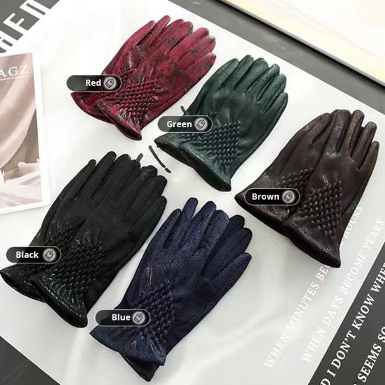 1 Pair Women Cycling Gloves Autumn Winter Windproof Elastic Faux Snakeskin Touchscreen Anti-slip Thermal Cold Weather Full Finger Riding Gloves