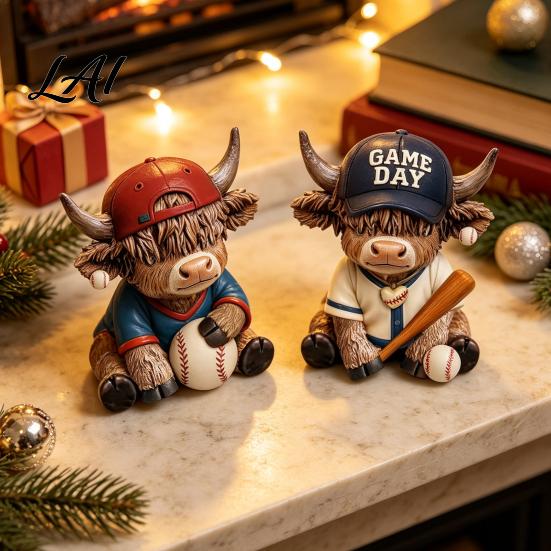 Baseball Figurine Decor 2Pcs Bull Figurines Creative Resin Animal Statue for Desk Shelf Home Bookshelf Office Decor Unique Gift Fans And