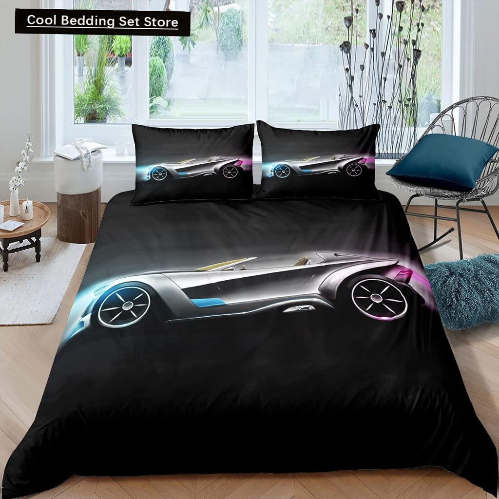 Race Car King Queen Duvet Cover Cool Speed Racing Bedding Set Teens Men Black Sport Car Quilt Cover Polyester Comforter Cover