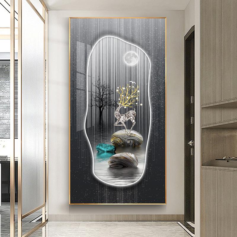 Абстрактные картины на холсте с золотым оленем в стиле фэншуй, постеры и принты из дзен-камня, современные роскошные настенные рисунки с листьями для декора крыльца без рамки