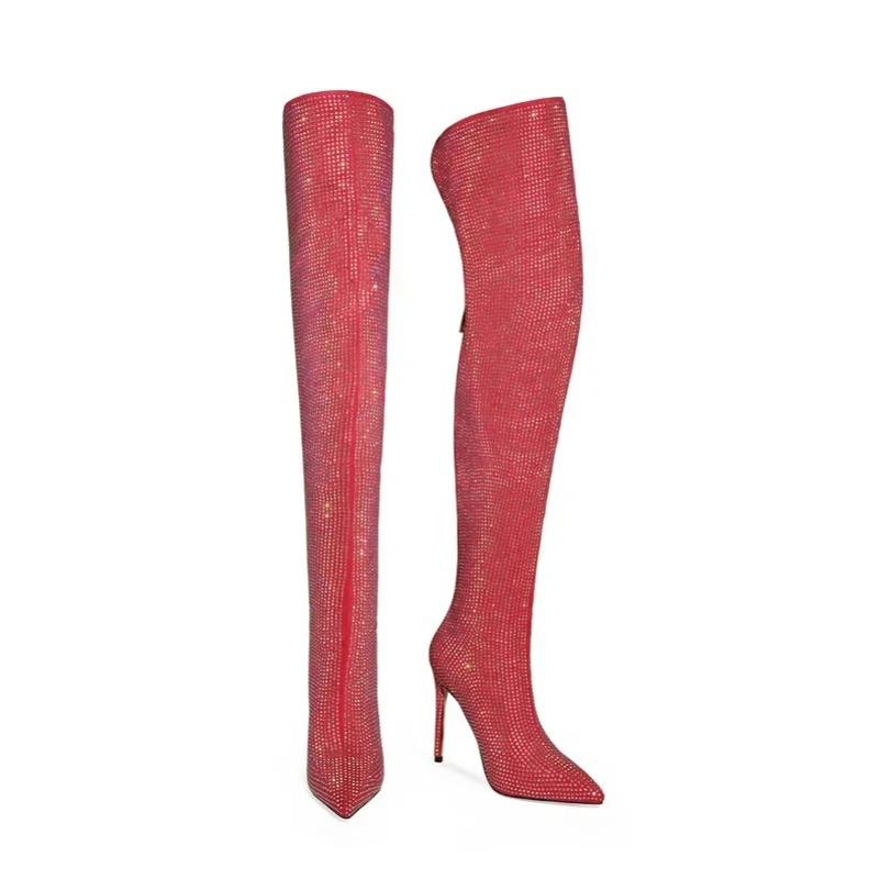 Модные серебристо-черные ботфорты на высоком каблуке 12 см, новая коллекция, блестящие бриллиантовые остроносые женские ботфорты выше колена, размер 34-46