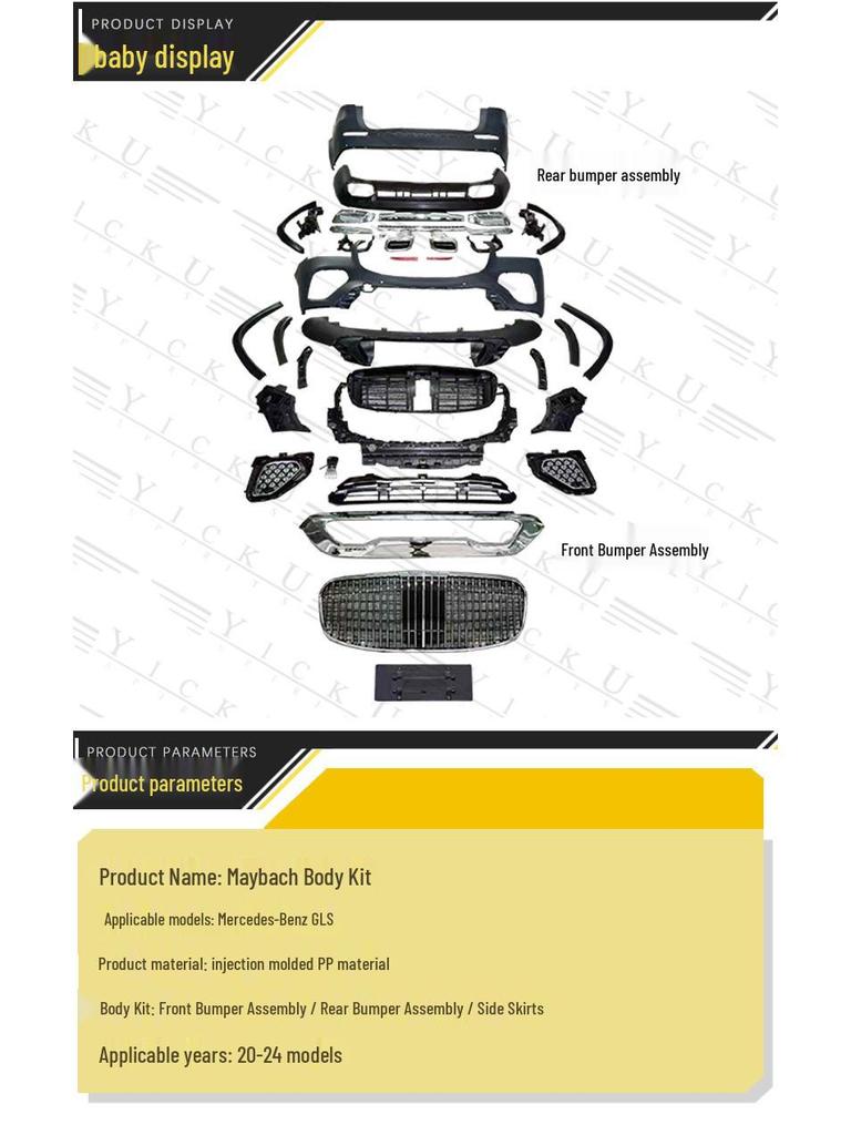 Compatible Mercedes-Benz GLS Maybach Body Kit: Grille, Bumpers, Rear Lip, Tailpipes, Fog Light Surrounds.
