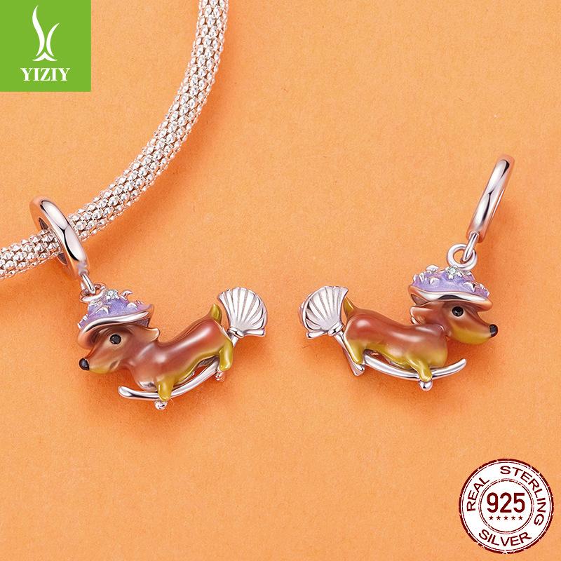 Halloween Magic Dachshund Pendant Accessories Personalized Cute Broom S925 Sterling Silver Beaded