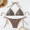 2025 Sexy Leopard Print Two Piece Swimsuit Set Triangle Bra Suspender Halter Backless Bikini Set Beach Vacation Lace-up Swimwear