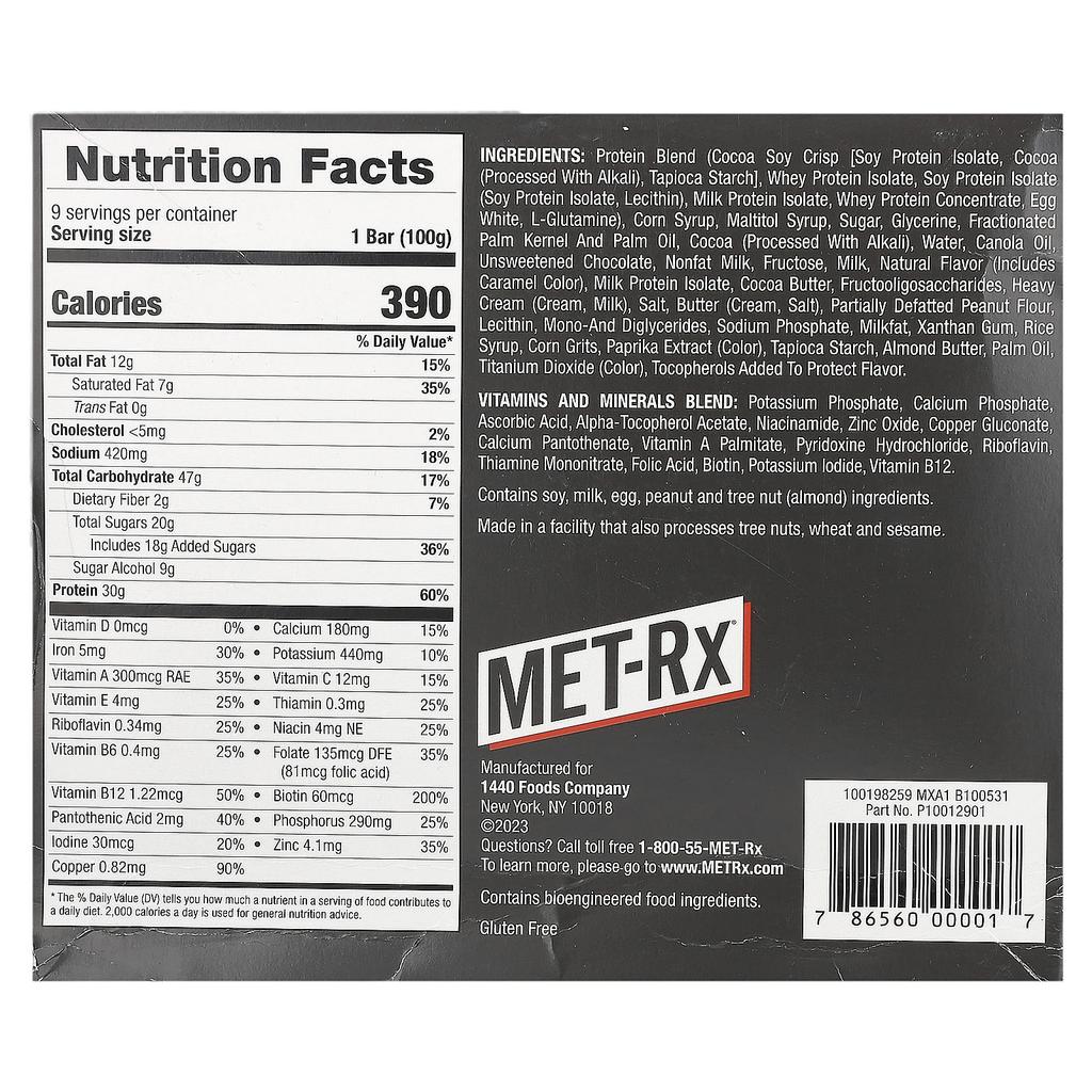 Met-Rx, Big 100, Meal Replacement Bars, Salted Caramel Brownie Crunch, 9 Bars, 100G (3.52Oz) Each