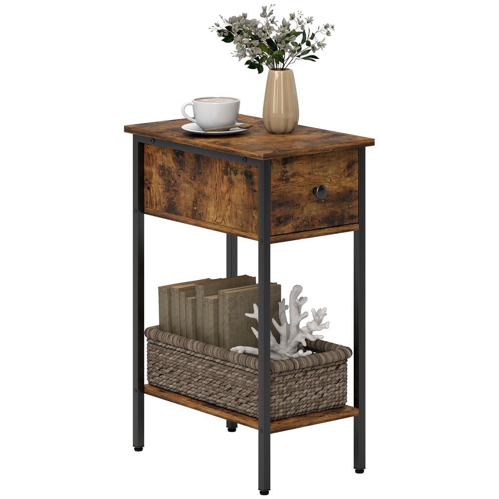Narrow Side Table with Drawer and Storage Shelf - Rustic Brown