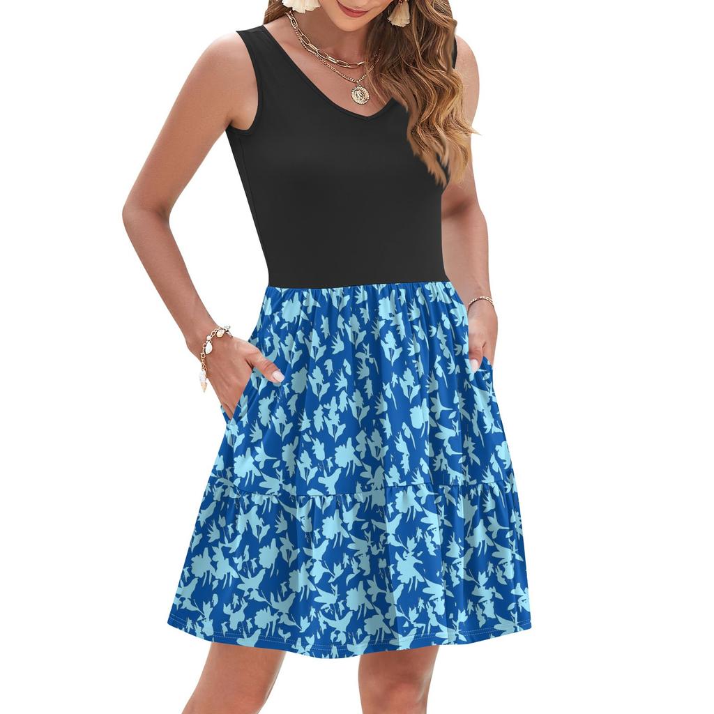 Женское летнее модное повседневное платье без рукавов с V-образным вырезом, плиссированное в стиле пэчворк, винтажный цветочный принт, жилет с карманом