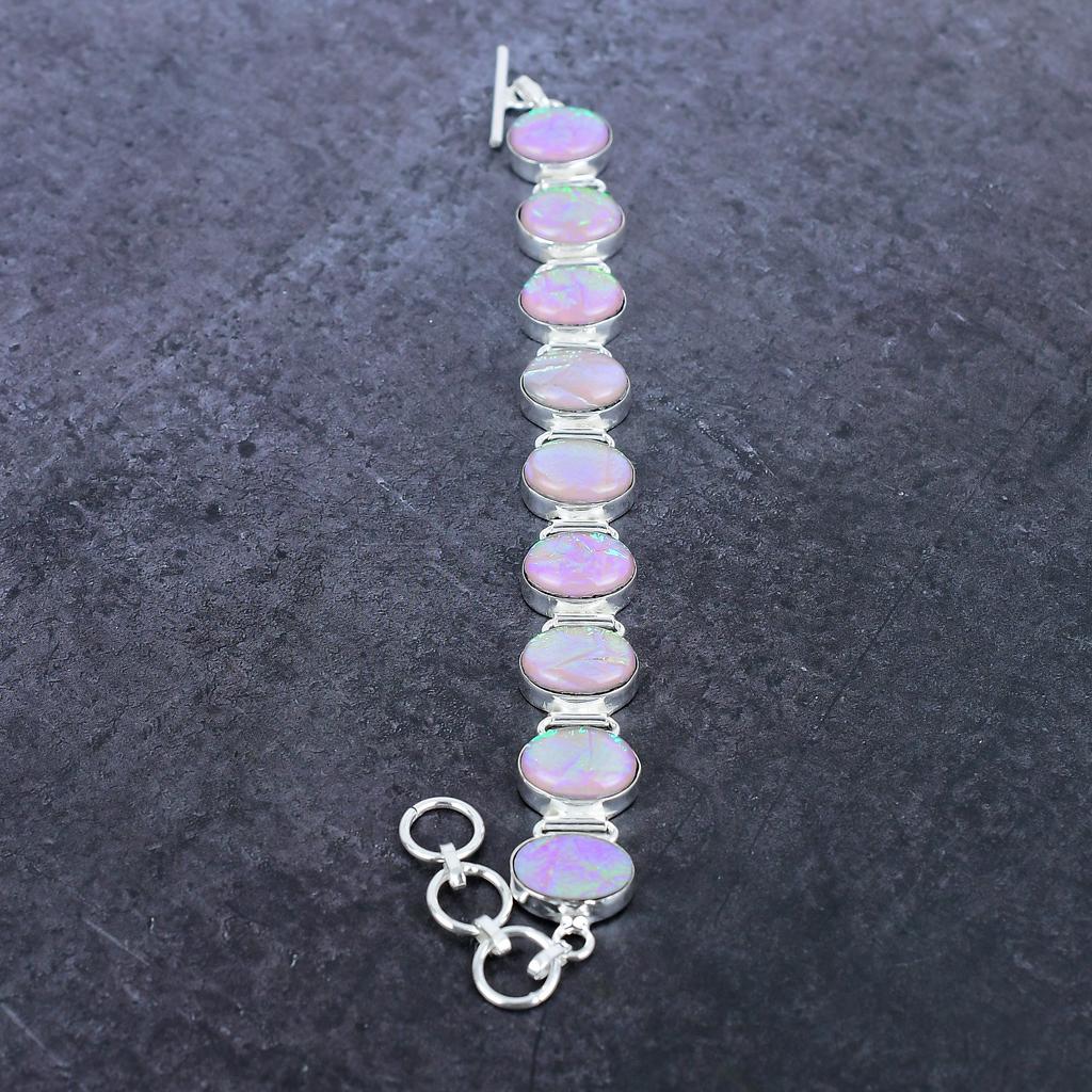 Браслет ручной работы из серебра 925 пробы с розовым опалом и тремя драгоценными камнями 7-8 дюймов g7Q66