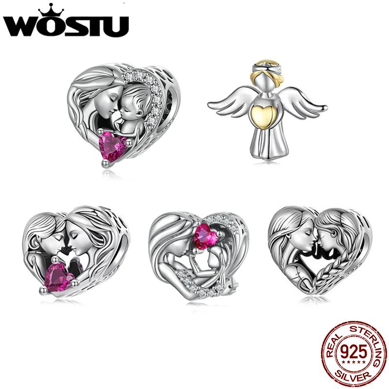 WOSTU Серебро 925 Проба Семейная серия украшений Шарм Мама и Дочь Бусины для Сестры Ангел Хранитель Подвеска Подходит для DIY Браслета НОВИНКА