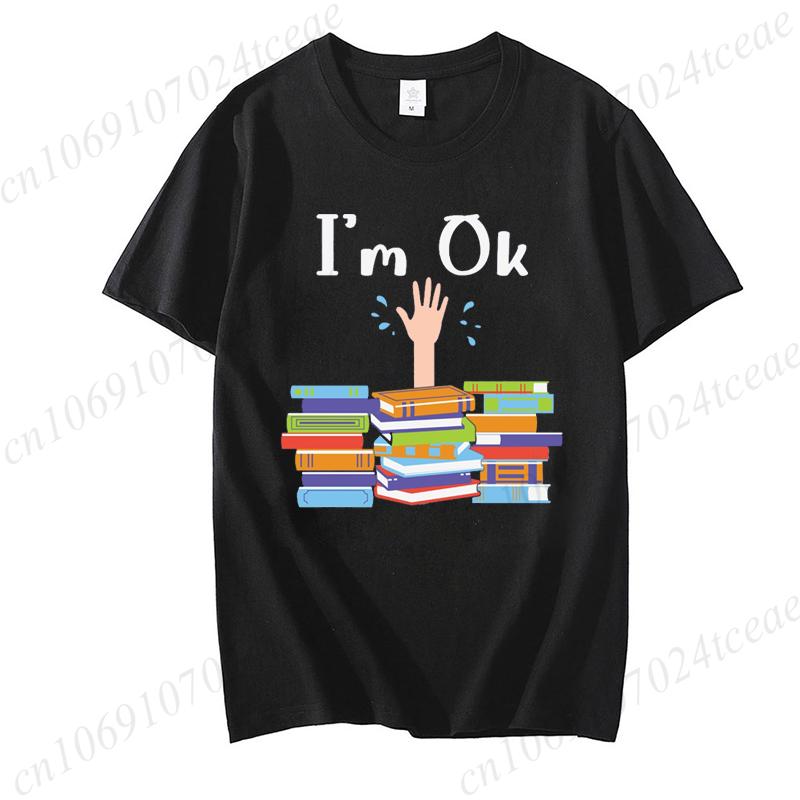 Unisex Funny Book Print Tshirt Girl Short Sleeve Crew Neck Casual Top for Summer Spring Im Ok Bookish Reading Unisex Clothing