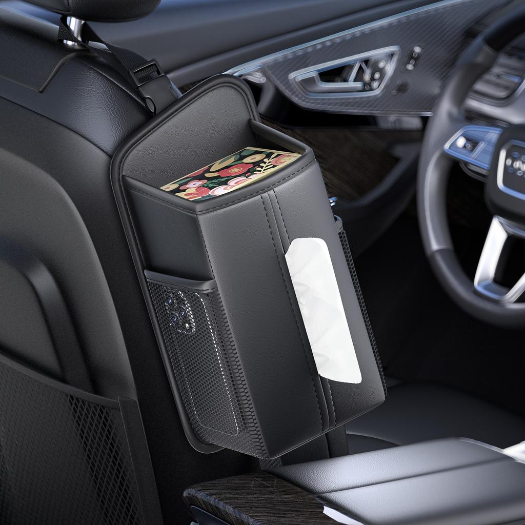 Leather Car Seat Side Storage Bag Hanging Auto Seat Organizer Tissue Bag Water Cup Holder Mesh Storage Pocket Car Storage Box