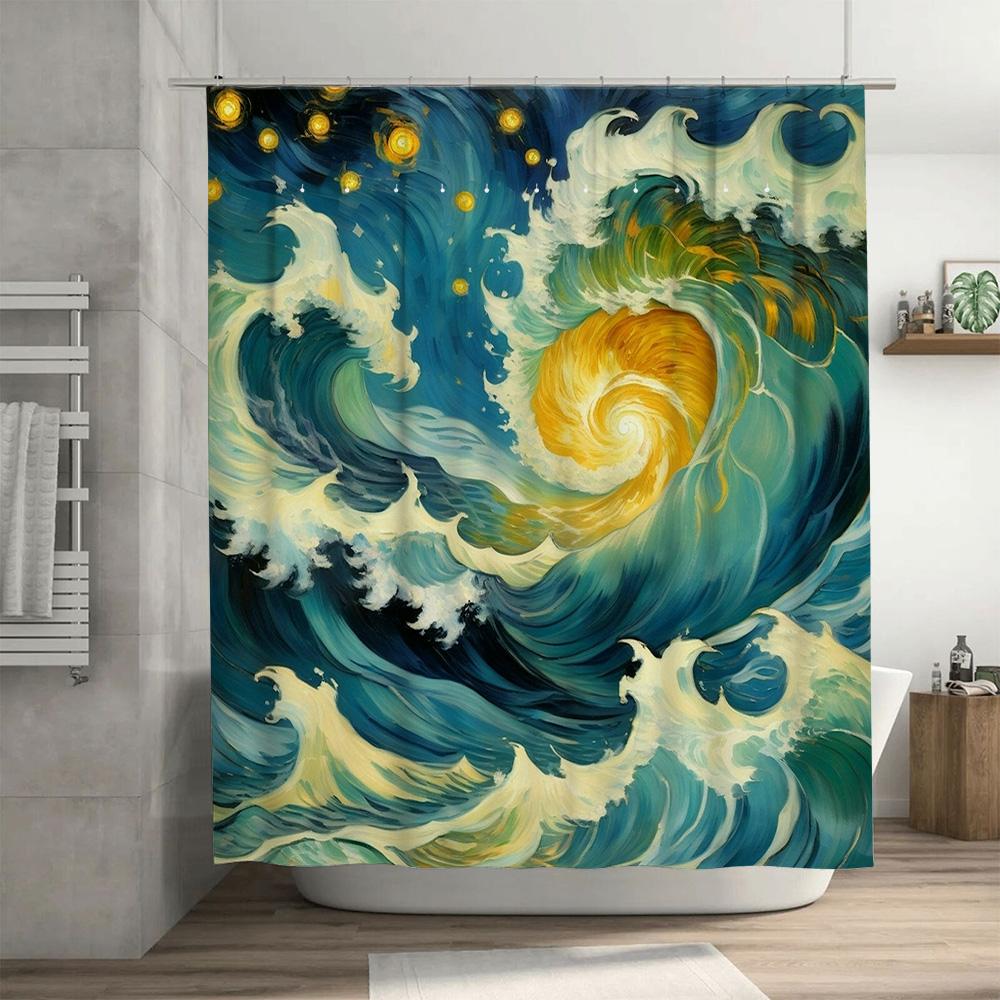 Ocean Wave Shower Curtain Modern Floral Design Waterproof Fabric with Hooks for Bathroom Decor