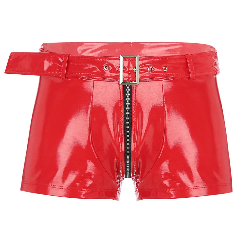 Mens Shiny Boxer Briefs with Waist Belt Zipper Opening Nightclub Underwear