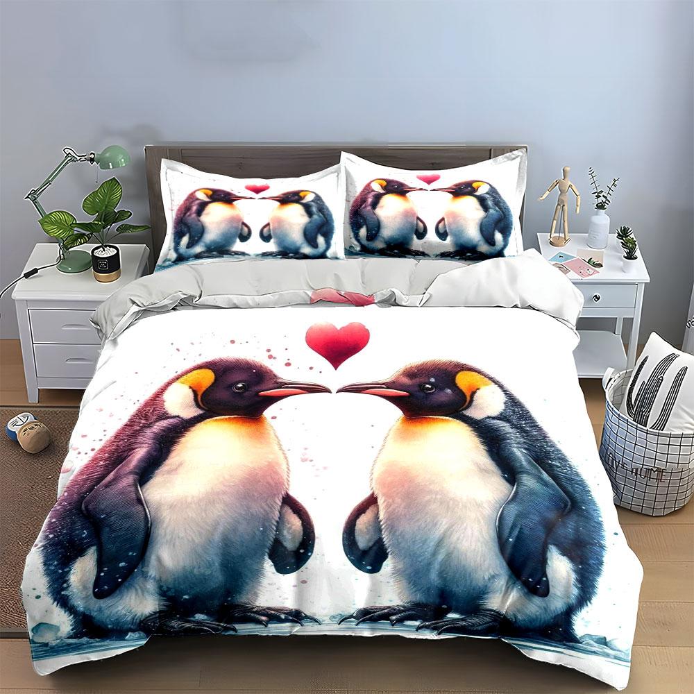 Penguins facing with heart. Bedding sets Duvet cover sets Duvet covers Pillowcases(1*Duvet Cover 2*Pillowcases without duvet insert)