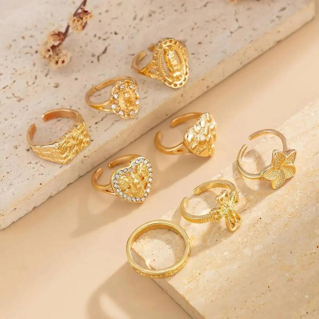 Salircon 8Pcs/Set Creative Gold Color Star Cross Open Ring Exquisite Stackable Heart Inlaid Rhinestone Finger Ring Jewelry 2026