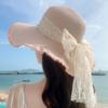 Women Straw Hat Lace Bow Faux Pearl Decor Beach Sun Hat Wide Curled Hem Fringe Edge Breathable Lightweight Photo Prop Vacation Outdoor Cap