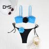 2 шт./комплект женский комплект бикини с цветочным декором бюстгальтер на шнуровке трусы комплект трехмерные цветы регулируемые бретели купальник
