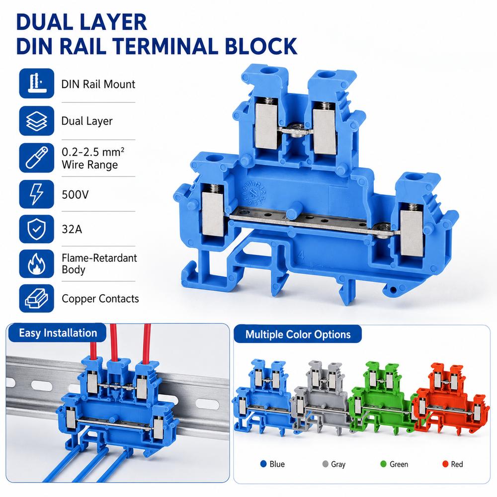 2.5mm Wire Connector Double Level Screw Terminal Block DIN Rail Terminal For Automation Systems
