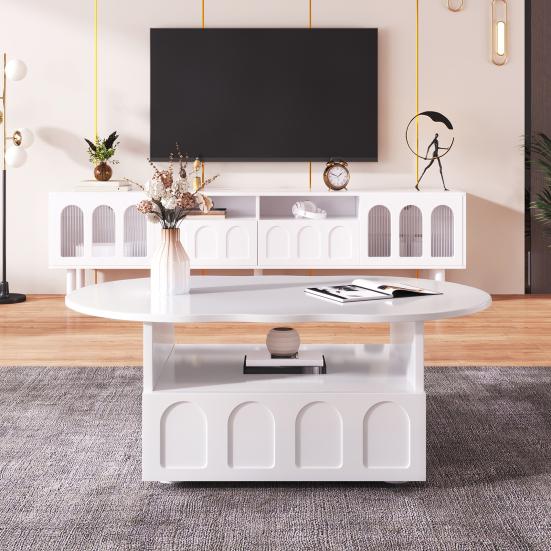 Home Living Room Coffee Table with Drawer Storage Compartments 2-Tiers Rounded Corner Smooth Wood Tea Surface Easy Assembly Cloud Shaped Furniture