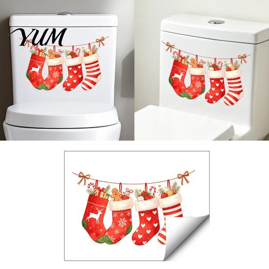 Decorative PVC Toilet Decals Christmas Stocking Stickers, Waterproof Bathroom for Holiday Home Festive Wall Decor Decoration, Red Watercolor Art Glass
