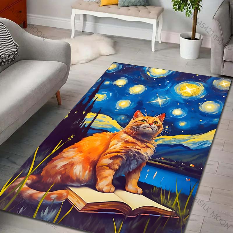 1PC Cat sitting on book under starry sky Print Carpet Rug for Living Room Bedroom Sofa Doormat Home Decor Non-slip Floor Mat