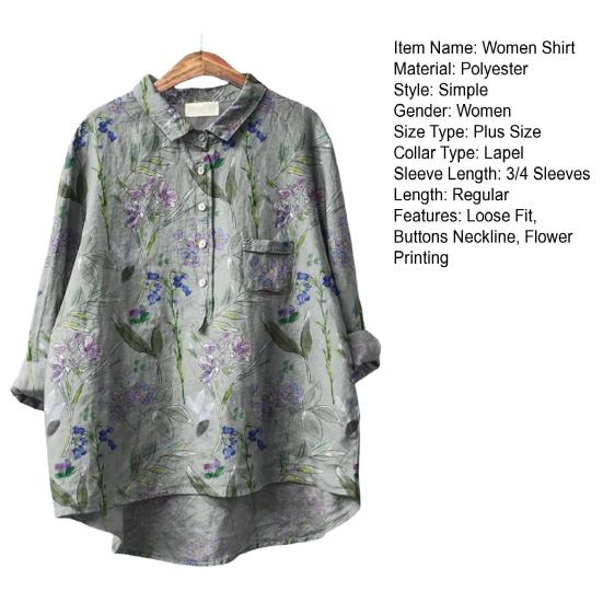 Женская рубашка с лацканами и пуговицами на рукавах 3/4, рубашка с вырезом, топы с цветочным принтом, свободная посадка, повседневная рубашка, тонкая блузка, уличная одежда