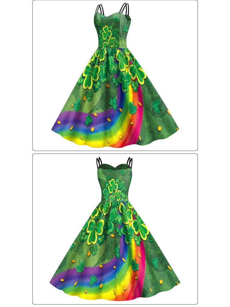 Женское платье с лямками-спагетти и клевером - Ст. Одежда для ирландского фестиваля в День Святого Патрика