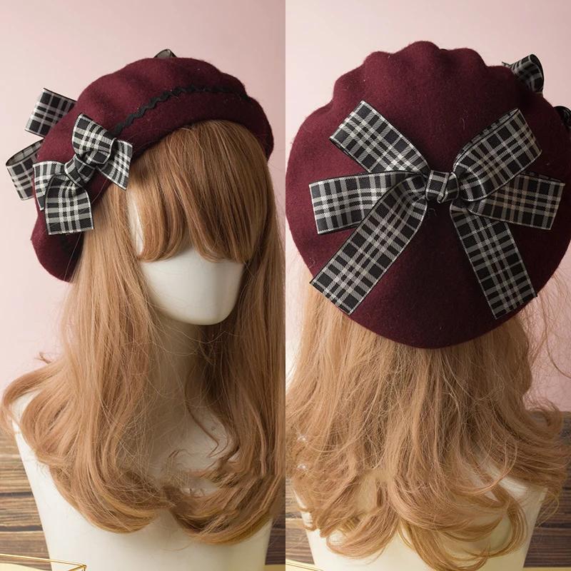 Handmade Women Wool Felt Beret Lolita Girls Cute Hat With Raised Bowknot Painter Beanie Cap