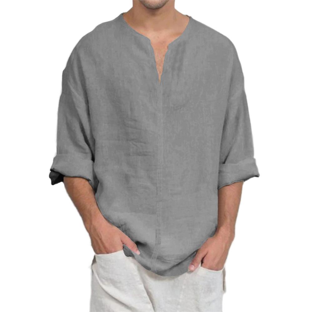 Хлопково-льняная футболка с V-образным вырезом и длинным рукавом для мужчин, повседневная, однотонная, легкая, дышащая, уютная, мужская модная футболка