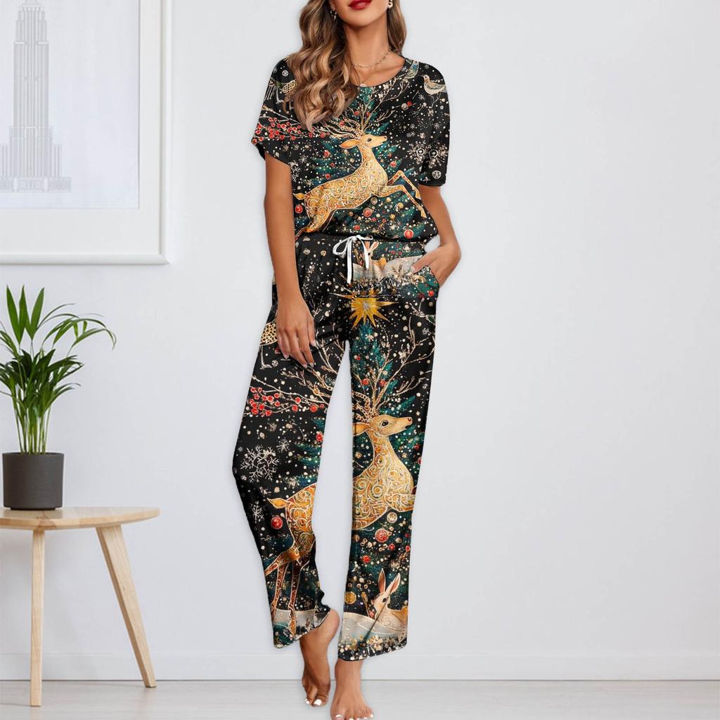 Женский шелковый атласный пижамный комплект с рождественским принтом, рубашка с коротким рукавом и длинные пижамные штаны, мягкая домашняя одежда