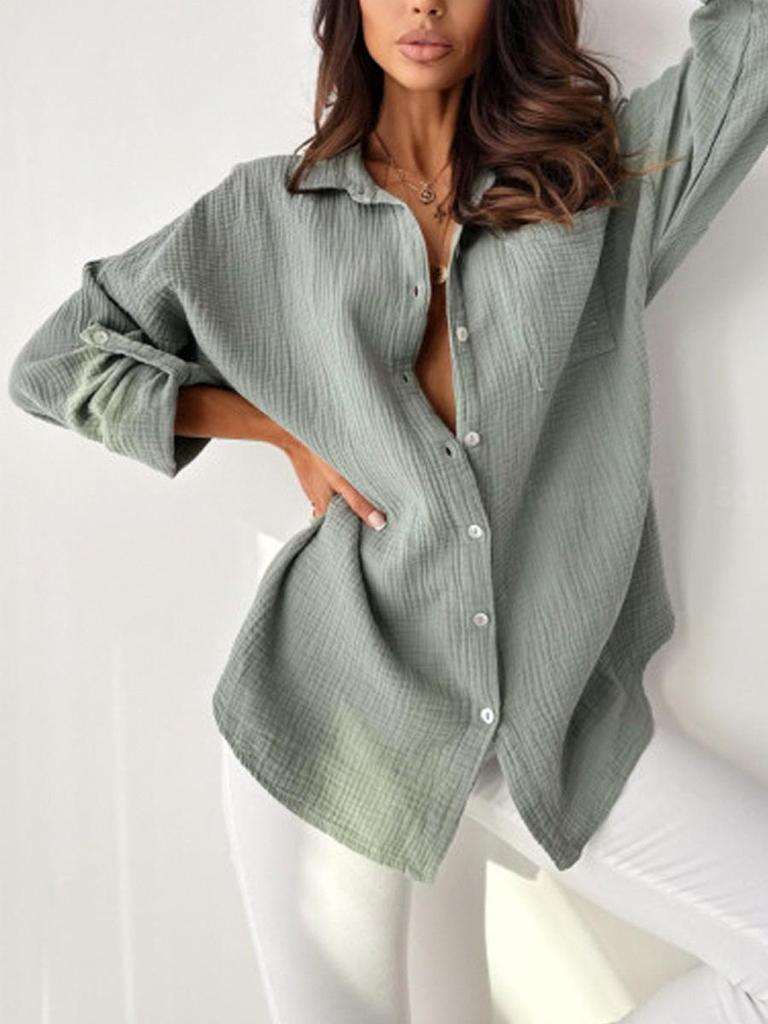 "Women's Solid Color Loose Long-Sleeve Tops - European and American Style"