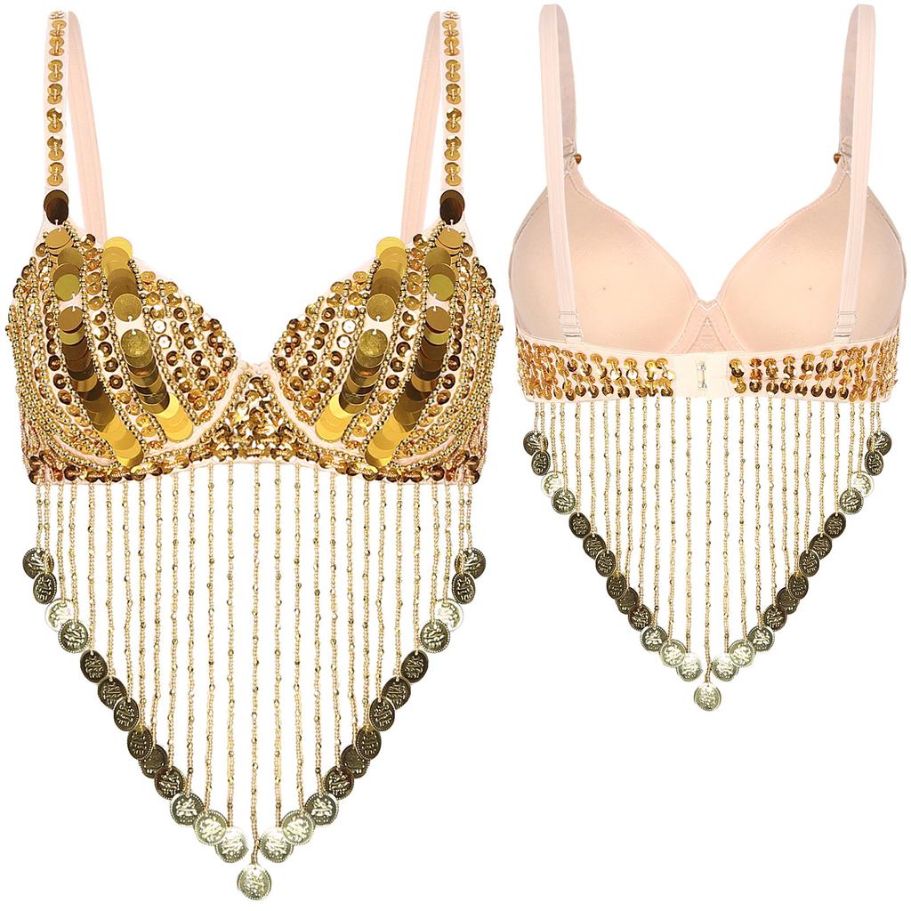 Женский блестящий бюстгальтер на косточках с блестками, бусинами, кисточками и топами для танца живота Rave