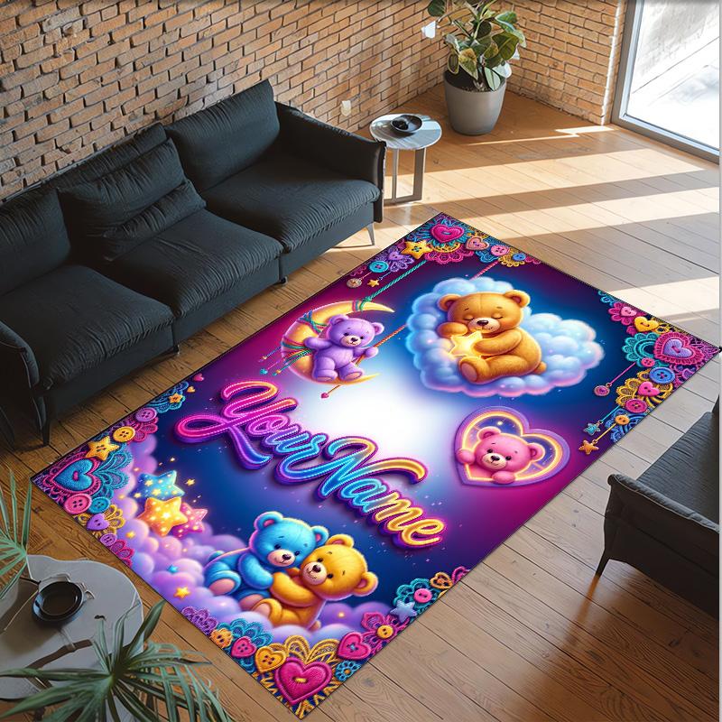 Teddy Bear Theme Crystal Velvet Rug Personalized Custom Name Text Soft Floor Mat Home Decor