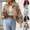 Autumn Women Lapel Lantern Sleeve Cropped Jacket Solid Color Single Breasted Overcoat Outwear Vintage Corduroy Coat