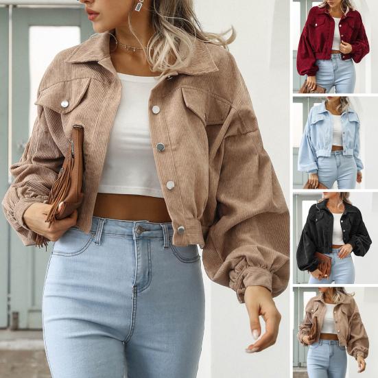 Autumn Women Lapel Lantern Sleeve Cropped Jacket Solid Color Single Breasted Overcoat Outwear Vintage Corduroy Coat
