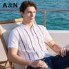 [Mulberry Silk&Cotton Hemp] Color blocked striped knitted short sleeved polo shirt for men, elastic and breathable summer T-shirt