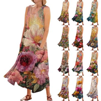 Женское повседневное модное платье без рукавов с цветочным принтом и карманом