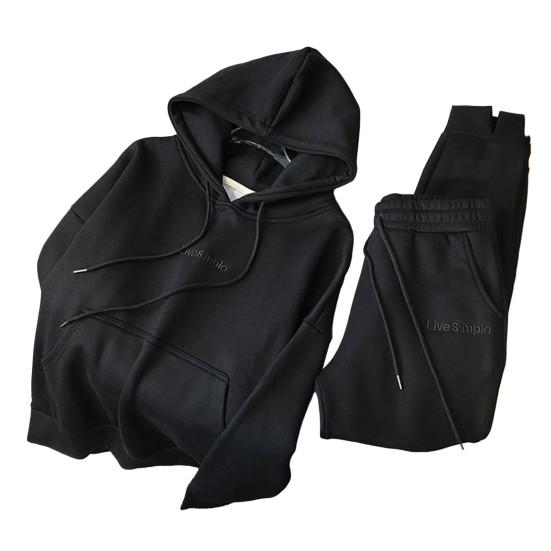 2 шт./компл. с длинными рукавами и вышивкой на шнурке, с буквенным принтом, эластичной резинкой на талии, карманами на флисовой подкладке, повседневная одежда, женская зимняя однотонная одежда