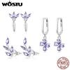 Аутентичные серьги-гвоздики из стерлингового серебра 925 пробы с фиолетовым цирконием и крестами и листьями для женщин, модный комплект украшений из блестящего циркона