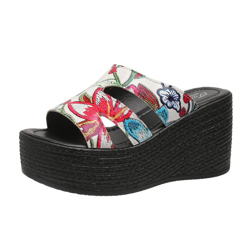 Женские тапочки на танкетке, новые летние босоножки на платформе с цветочным принтом, уличные с открытым носком, на высоком каблуке, тапочки, шлепанцы, женские, Zapatos De Mujer
