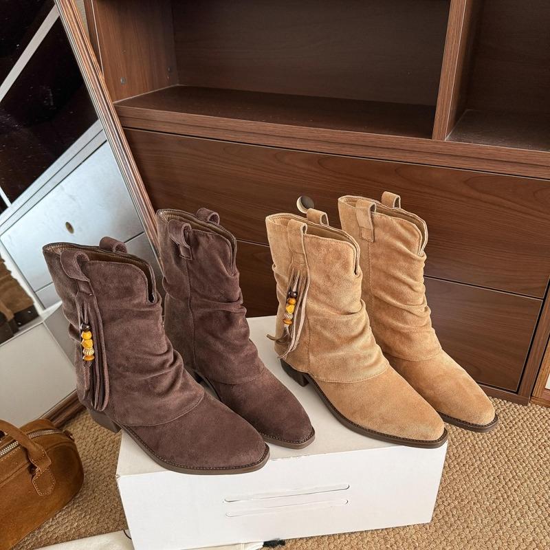Fashion Pleated Stack Vintage Women's Booties 2025 Fall New Tassel Beaded Mid-Leg Boots