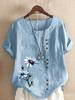 Summer Casual Flower Print Loose T-shirts Vintage Cotton and Linen O-Neck Plus Size Short Sleeve Blouse Tops For Women S-5XL