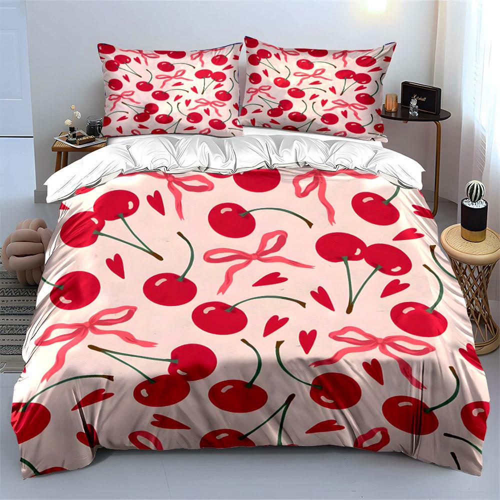 Cherry Pattern with Pink Bows Bedding Duvet Cover Set (1*Duvet Cover 2*Pillowcases, without duvet insert)