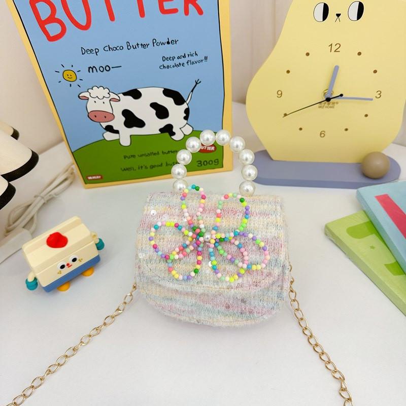 Crossbody Bowknot Girls Bag Sparkly Cartoon Shoulder Bag With Pearl Chain Strap