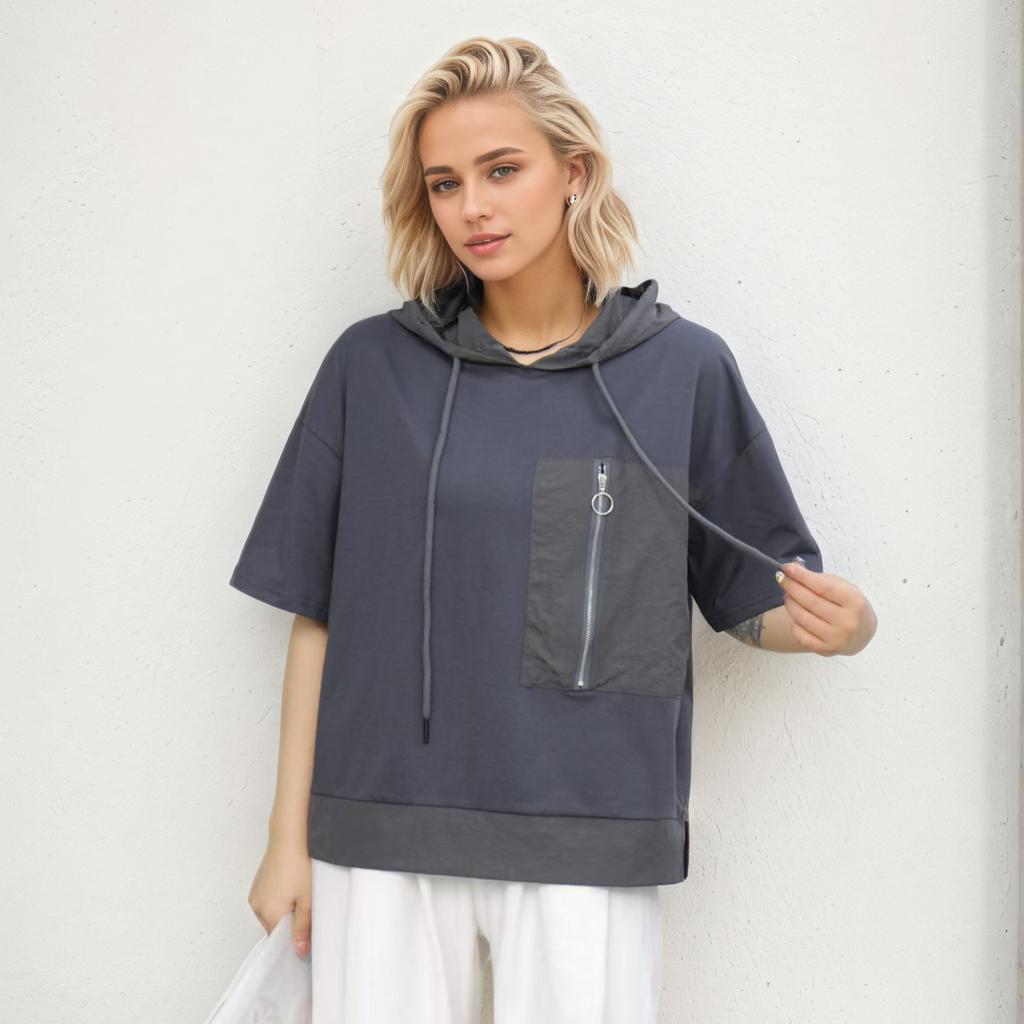 Dimanaf 2025 Plus Size Pullover Hoodie Summer T-shirt Women Asymmetrical Solid Short Sleeve Loose Tees