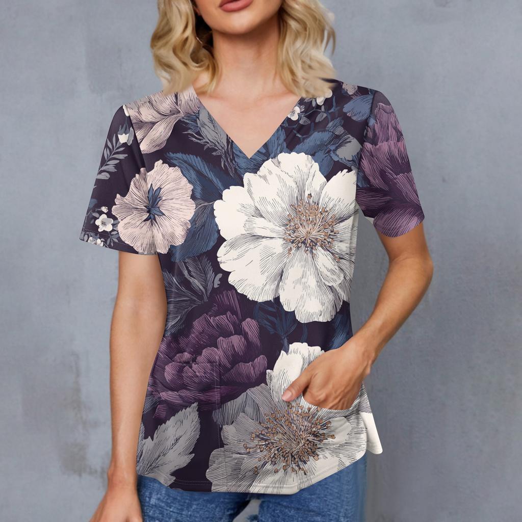 Women's Retro Printed V-Neck Double Pocket Short Sleeves Hem Slit Uniform Caregiver Top